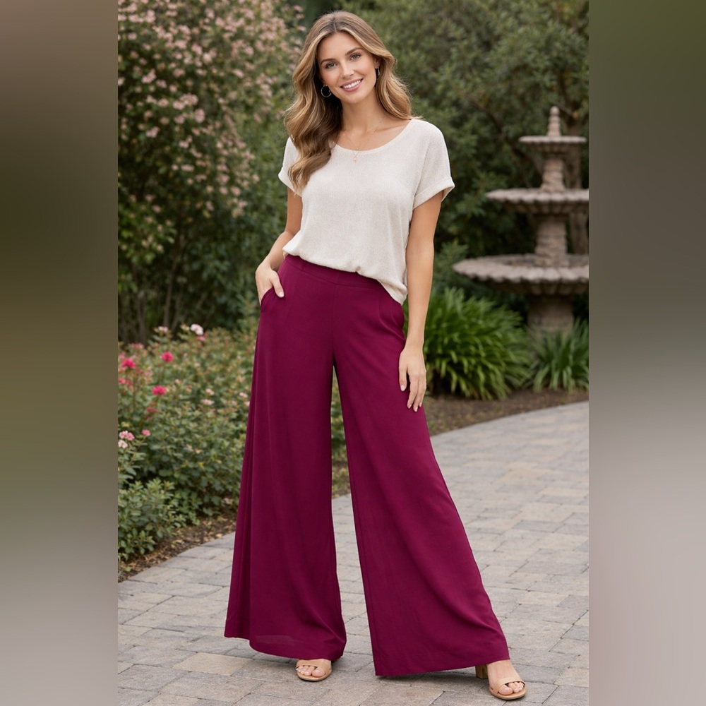 UNIQ Sheer Burgundy Pants w/ Built In Shorts Extra Wide Leg Elastic Waist Sz. L